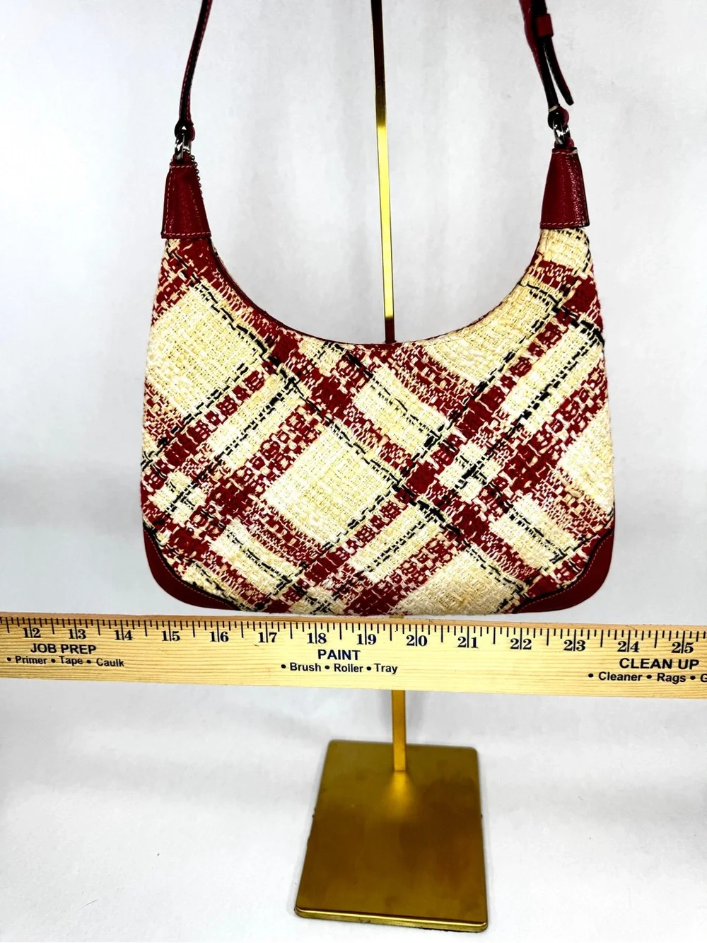Coach Plaid Tweed Shoulder Hobo Bag Red Cream Leather Trim Style 8368